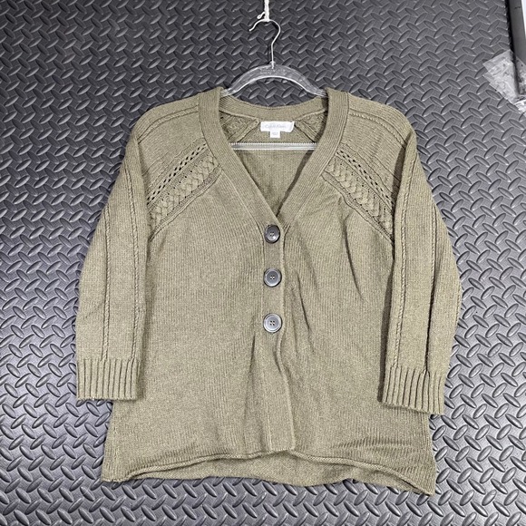 Calvin Klein Olive Green Cable Knit Button Up Cardigan Sweater Wool Blend Size S - Picture 1 of 8